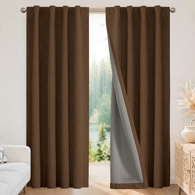 Joydeco Linen Blackout Curtains for Bedroom - 100% Light Blocking 1 Panels, Cappuccino Drapes 70" W x 96" L, Thermal Insulated Room Darkening Curtains for Living Room, Rod Pocket & Back Tabs