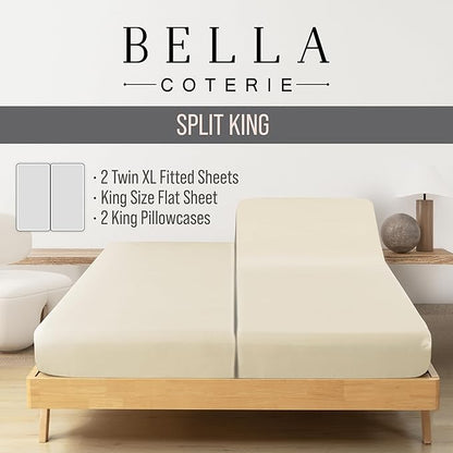 Bella Coterie Luxury Bamboo Viscose Split King Size Sheet Set | 2 Fitted Sheets for Sleep Number & Adjustable Beds | 100% Organically Grown | Cooling & Ultra Soft | 18” Deep Pocket [Ivory]