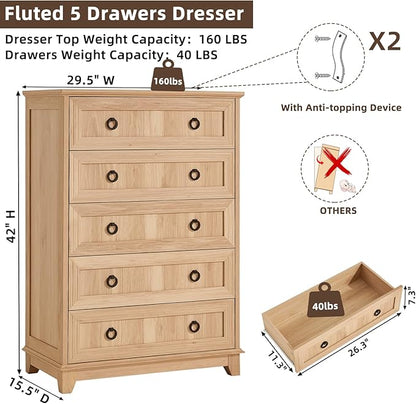 Farmhouse 5 Drawer Dresser for Bedroom, 42" Tall Small Dressers & Chest of Drawers, Rustic Wood Dresser with Metal Handle, Storage Organizer Closet for Living Room, Hallway, Entryway
