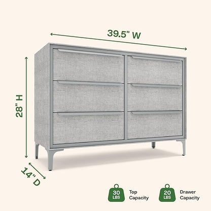Naima Premium Fabric Dresser - Strong Metal Frame, 6 Spacious Sag-Proof Drawers with Sleek Metal Handles - Premium & Durable Storage Solution for Your Home (Silver)
