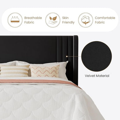 SHA CERLIN King Size Velvet Upholstered Platform Bed Frame with Vertical Channel Tufted Wingback Headboard, Wooden Slats Support, Easy Assembly, Under Bed Storage, No Box Spring Required, Black