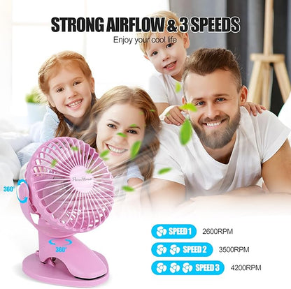 PureHome Portable Clip Fan Battery Operated,3 Speeds USB Rechargeable Mini Table Fan with Strong Airflow,360°Rotation Ultra Quiet Personal Desk Fan for Home Office Bedroom Dorm Stroller Camping- Pink