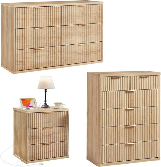 LEYAOYAO Fluted Dressers & Nightstand Set of 3, Wood 48" Wide Dresser & 42" Tall Chest of Drawers,Modern Bedroom Furniture Sets, Natural Wooden Nightstand with 3 Drawers & Charging Station