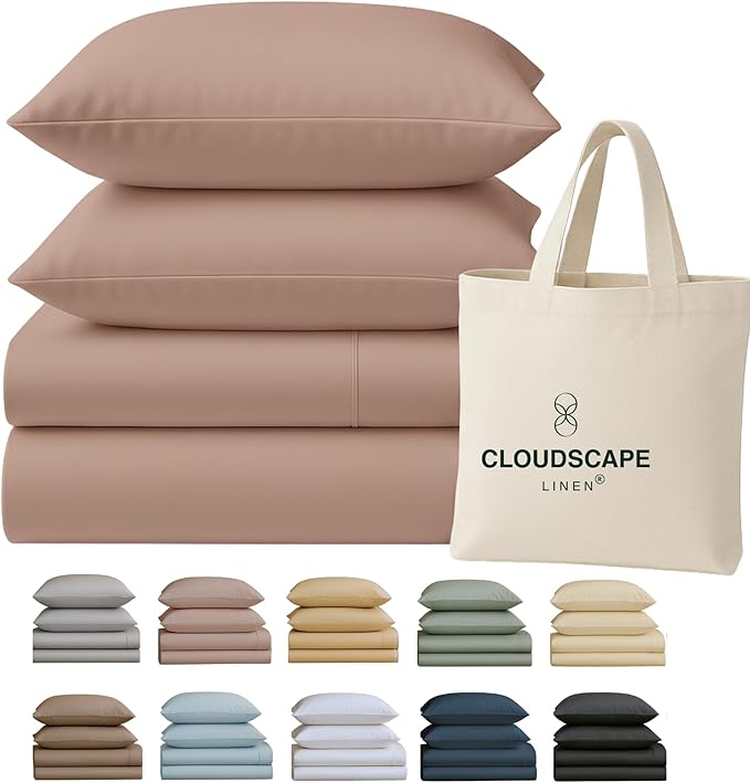 Cloud Scape Linen 100% Egyptian Cotton California King Sheet Set, 400 Thread Count,4 Pieces Luxury Bedding Set, Hotel Quality, Silky Soft, Breathable and Durable, Deep Pockets up to 17, Sepia Rose