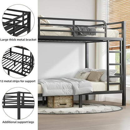 Full Over Full Bunk Bed Frame, Heavy Duty Metal Loft Bed for Adults/Teens, 350/500LB Capacity w/Ladder & Guardrail, Noise-Free Steel Slats, No Box Spring Required, Black