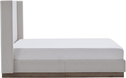 California King Size Upholstered Platform Bed Frame, 52.5" Tall Headboard Hosford Wingback Bedframes, Wood Base Floor Beds, No Box Spring Needed, No Noise, Minimalist, Cream White Boucle