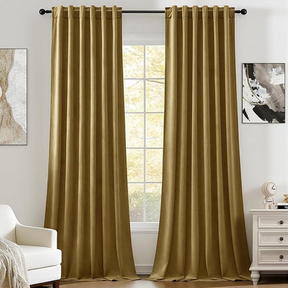 Velvet Curtains 108 Inches Long for Bedroom, Luxury Room Darkening Thermal Insulated Blackout Curtains Luxury Window Drapes for Living Room, Back Tab Rod Pocket, Goldbrown, W52 x L108, 2 Panels