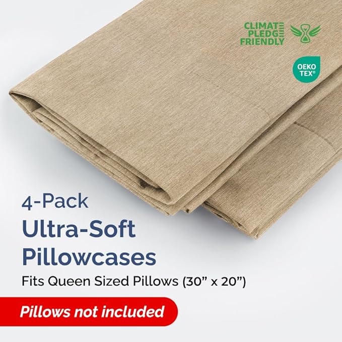 Queen Pillow Cases Set of 4 - Ultra Soft Hotel Quality Pillowcase Covers - Comfy, Cozy & Wrinkle Free - Shrinkage and Fade Resistant - Machine Washable Pillow Protectors - 4 Piece Set - Heathered Tan