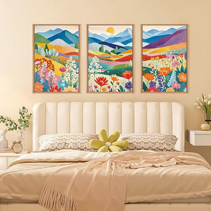 LHIUEM Large Abstract Mountain Flower Framed Canvas Wall Art,Colorful Watercolor Boho Wall Decor,Nature Floral Tree Wall Painting,Bohemian Artwork for Living Room,Bedroom,Dining Room,Office -16"x24"x3