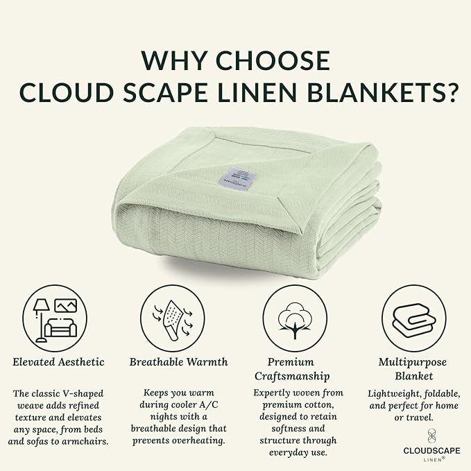 Cloud Scape Linen 100% Cotton Throw Blanket 50x70 Seafoam, Luxury All-Season Warmth, Ultra Soft, Oversized Herringbone Gauze Blanket for Winter, Bed, Couch & Sofa Decor, Best Gift Idea