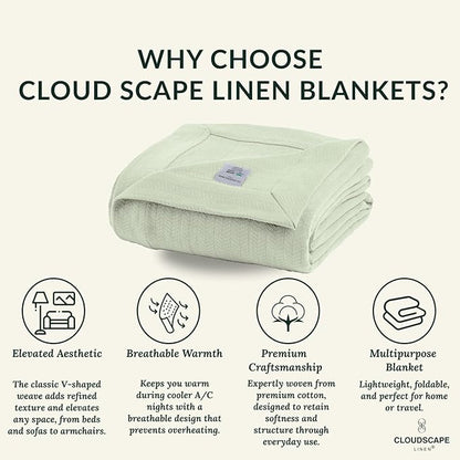 Cloud Scape Linen 100% Cotton Blanket King 92x108 Seafoam - Cozy Herringbone Weave, Fits Up to Cal King Beds, Breathable Softness, All-Season Warmth, Heavy Layering Winter Blanket