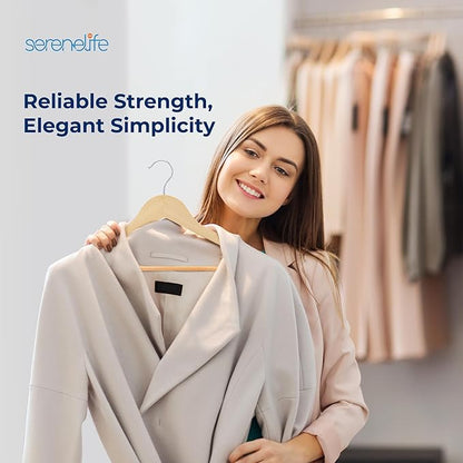 SereneLife 80-Piece Solid Wooden Hangers Set for Clothes – Heavy Duty Suit Coat Pant Dress Hangers with Chrome 360-Degree Swivel Hook and Notches Design for Organized Closets Natural Color