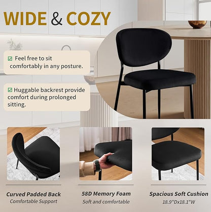 Black Dining Chairs Set of 2 Velvet Upholstered Dining Room Chairs Wide Seat Filled with 58D Memory Foam Modern Kitchen Chairs with Curved Back & Swivel Leveling Feet for Restaurant
