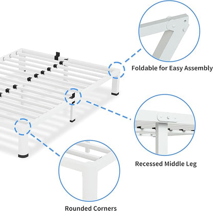 10 Inch White Queen Bed Frame, 3500Lbs Heavy Duty Metal Platform with Round Corner Legs Mattress Slide Stopper, Steel Slat Support No Box Spring Needed, Noise Free, Non-Slip, Easy Assembly