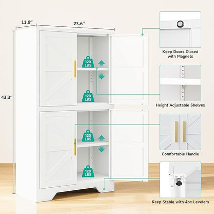 SISESOL White Storage Cabinet with 4 Doors and 2 Adjustable Shelves,Farmhouse Food Pantry Cabinets,Small Bathroom Cabinet,4 Tier Metal Storage Cabinets for Home Kitchen,Dining/Living/Laundry/Room | 4 Doors, 2 Adjustable Shelves, Farmhouse, Food Pantry ...