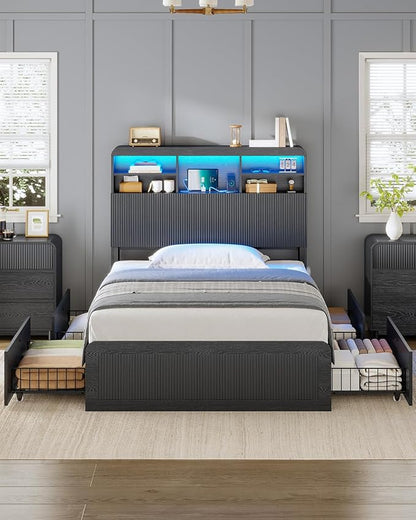 AOGLLATI Twin Bed Frames with 4 Storage Drawers and Hidden Storage Headboard, Black Led Fluted Twin Bed with Charging Station and Curved Profile Design, Noiseless,No Box Spring Needed, Black