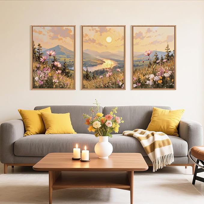 LHIUEM Large Boho Sunset Wildflower Framed Canvas Wall Art,Nature Pink Flower Wall Decor,Blossom Botanical Mountain Landscape Artwork for Living Room,Bedroom,Dining Room,Office -24"x36"x3