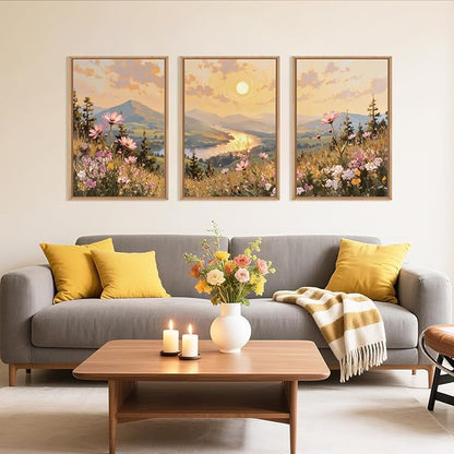 LHIUEM Large Boho Sunset Wildflower Framed Canvas Wall Art,Nature Pink Flower Wall Decor,Blossom Botanical Mountain Landscape Artwork for Living Room,Bedroom,Dining Room,Office -16"x24"x3