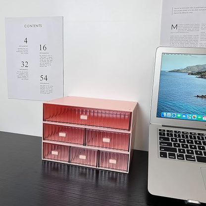 Stackable Office Drawer Organizer - Plastic Storage Drawer, Desk Grocery Organizer For Stationery/Office Supplies (Red, 3 Compartment)