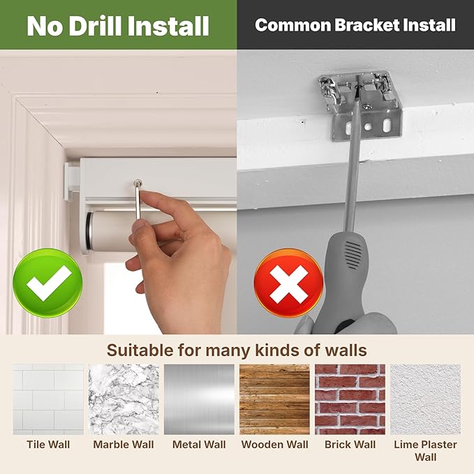 HESTIA No Drill Cordless Blackout Roller Shades Screwless Waterproof Shower Window Blinds, Auto-Retraction Easy Install Blind for Bathroom/Kitchen/Office/Exterior, White, 46.5" W x 72" H