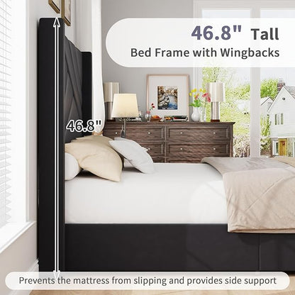 BarnFurin Queen Size Bed Frame, Velvet Upholstered Platform Bed with Geometric Tufted Headboard & Footboard, Wingback Design, Mattress Foundation with Wooden Slats, Black