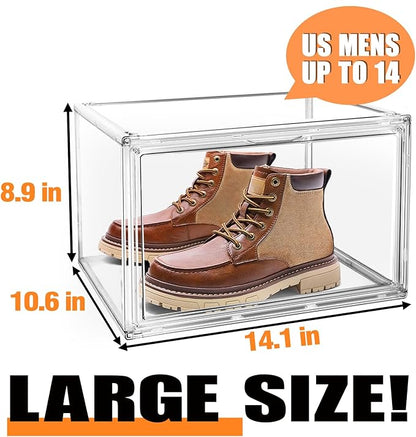 4 Pack Large Acrylic Shoe Boxes Sneaker Storage for Sneakerheads Clear Plastic Stackable Boot Shoe Collectibles Display Case, Size 13