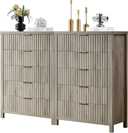 5 Drawers Dresser for Bedroom, 44 Inches Tall Modern Bedroom Dressers, Chest of Drawers for Bedroom, Fluted Dresser for Closet Organizer for Living Room, Hallway, Entryway (Grey Oak, 2 Pieces)