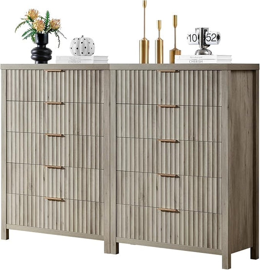 5 Drawers Dresser for Bedroom, 44 Inches Tall Modern Bedroom Dressers, Chest of Drawers for Bedroom, Fluted Dresser for Closet Organizer for Living Room, Hallway, Entryway (Grey Oak, 2 Pieces)