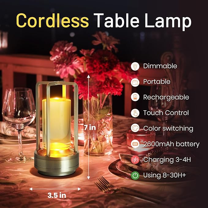 Crystal Table Lantern Light,Battery Operated Rechargeable Cordless Crystal Table Lamp with 3-Color,Portable Outdoor Small LED Desk Lamp for Indoor/Outdoor Patio Camping Bar Restaurant(Silver)