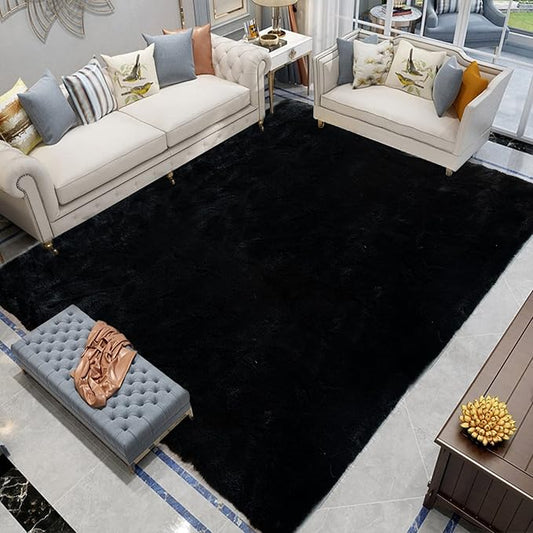 Latepis Black Area Rugs 8x10 Living Room Faux Rabbit Fur Rug Soft Washable Fluffy Shaggy Rug for Bedroom, Dorm, Playing Room, Nursery Room