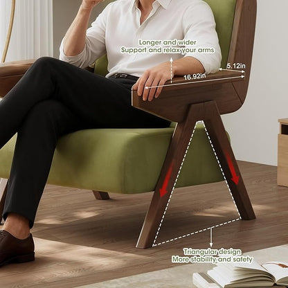 Accent Chair Mid Century Modern Chair, Velvet Upholstered Lounge Arm Chair with Solid Wood, Cozy Reading Chair for Living Room, Bedroom, Balcony (Green)
