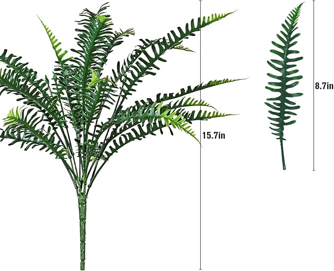 UV-Resistant Artificial Plants Faux Ferns – Certified Fade-Proof Outdoor Decor – Realistic Green Leaves Fake Greenery for Patio, Planters Front Porch Garden, and Landscaping 16 Bundles