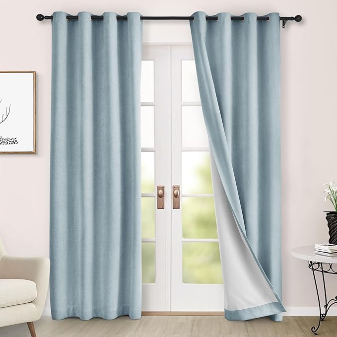 Macochico 100% Blackout Curtains Luxury Chenille Curtains for Living Room Thermal Blackout Curtains for Bedroom Hotel Banquet Classic Decor Light Blue Curtains with Tieback 72" Wx96 L Grommet 1 Panel