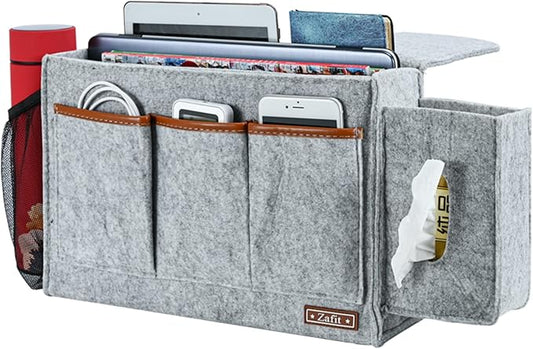 Bedside Caddy, Large Size Bedside Storage Organizer Bedside Organizer Caddy for Magazine Remotes Phone (13.4'' x 18.1'' Tissue box holder, Light Grey)