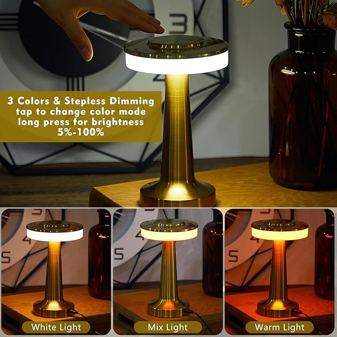 VIHOSE Cordless Table Lamps LED Portable Rechargeable Table Lamp with Touch Sensor 3 Color Dimming up to 15 Hours Battery Desk Light for Restaurant Nursery Living Room(Gold,36 Pcs)