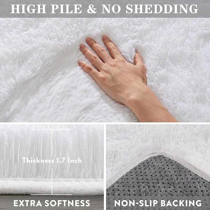 White Rugs for Living Room, Large Area Rug 6x9 Fluffy Shag Rug for Bedroom, Soft & Non Slip Fuzzy Thick Plush Carpet for Kids Room Dorm Home Decor