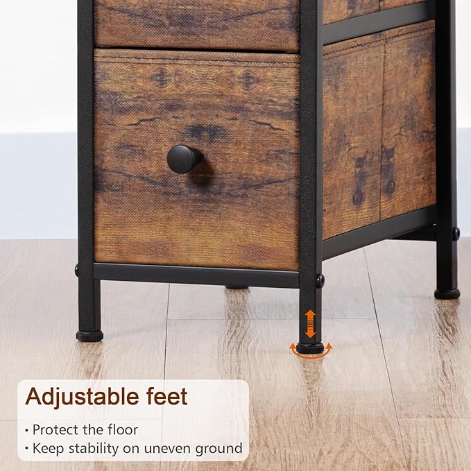 LOAKEKEL Narrow End Table Living Room with Charging Station, Skinny Side Table with Fabric Drawers, Slim LED Nightstand for Bedroom, Small Spaces, Couch, Rustic Brown, HETNDP03LPBR-1