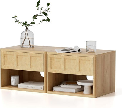 Floating Nightstand Set of 2, Wall Mounted Bedside Table with Storage Drawer and Open Shelf, Night Stand with Curved Corners for Living Room, Bedroom, Dorm, Natural Oak