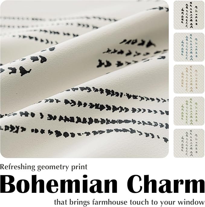 100% Boho Blackout Curtains 84 Inches Long for Bedroom, Black on Beige Patterned Bohemian Curtains for Living Room, Geometric Striped Thermal Insulated Window Drapes Gromment Top 2 Panels