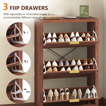 Shoe Cabinet Storage for Entryway, Fluted Shoe Cabinet with 3 Flip Drawers, Hidden Shoe Rack Tall Freestanding Shoe Organizer with Legs for Hallway, Walnut