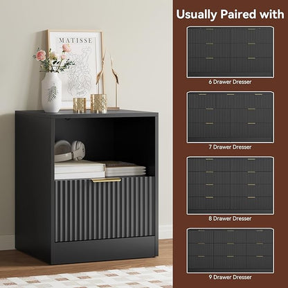 3-Piece Fluted Black Dresser and Nightstand Set, 63” Wide Bedroom Dresser Set Night Stand Set of 2 with Metal Handle, Modern Wood Chest of Drawers Storage Dressers Set for Bedroom, Black