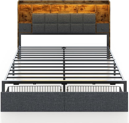King Size Bed Frame with Bookcase Storage Drawers, LED Lights, Upholstered Platform Bed Frame with Headboard, Charging Station, Metal Slats Support, Noise Free, No Box Spring Needed, Grey