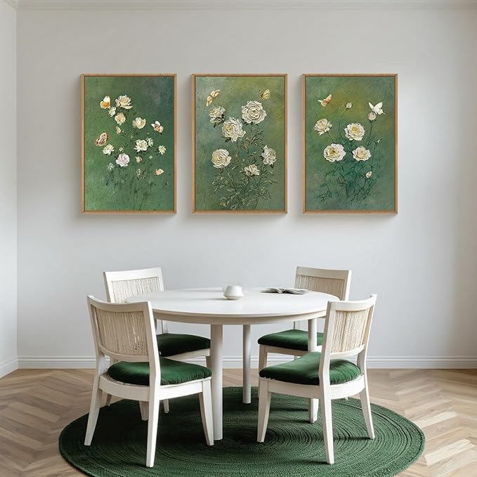 LHIUEM Vintage Moody White Roses Framed Canvas Wall Art,Abstract Flower Green Wall Decor,Nature Floral Butterfly Wall Painting,Aesthetic Blossom Artwork for Living Room,Dining Room,Office-24 x36 x3