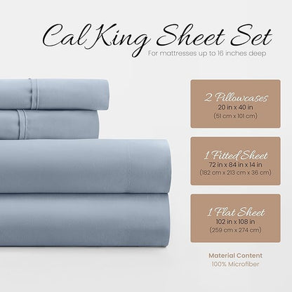 Linen Market Bed Sheets for Cal King Size Bed (Light Blue) - Sleep Better Than Ever with These Soft and Cooling California King Sheets - Deep Pocket Fits 16" Thick Beds - 4 Piece Cal King Sheet Set
