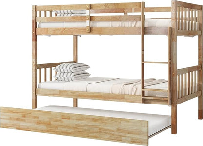 Bellemave Twin Over Twin Bunk Bed with Trundle,Convertible Bunk Beds with Ladder & Safety Guardrails,Twin Size Trundle Bunk Beds for Kids Girls Boys,Natural