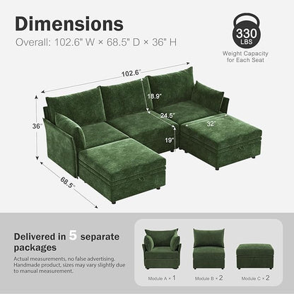 ABCASA 102.6" U Shaped Modular Sectional Sofa, 5 Seater Couch with Storage Ottoman Deep Seat and High Backrest with Removable Cover for Living Room, Apartment - Chenille Green