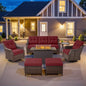 Belord Luxurious 7 Piece Patio Furniture Set with Fire Pit Table, High Back Swivel Rocker Glider Outdoor Chairs with 6" Blue Cushion, All-Weather Patio Conversation Set for Yard Garden Brown Wicker