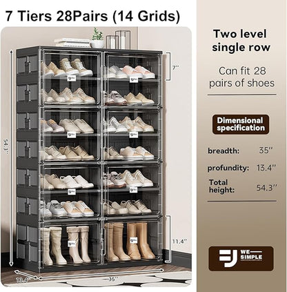 28 Pairs Portable Shoe Storage Cabinent of 3-Step Fast Installation,Plastic Shoe Box with Magnetic Clear Door for Entryway, Enclosed Shoe Rack for Sneaker, Heels etc.. (2Row, 7Tier)