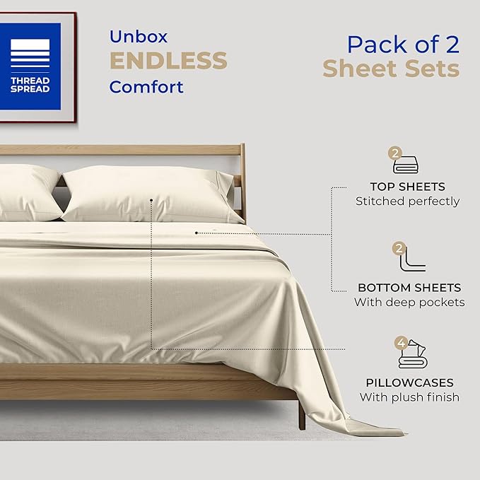 THREAD SPREAD 2-Pack King Size Sheets Set - 400 Thread Count 100% Cotton Sateen Weave - Extra Soft, Breathable, Hotel Quality Cooling Sheets, 2 Sets of King Size Deep Pocket Bed Sheets (Ivory)