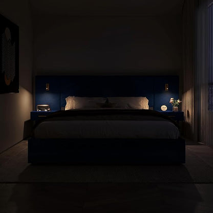 DEINPPA Luxury King Bed Frame with Built-in Gold LED Lights and Nightstands, King Size Platform Bed with Oversize Upholstered Headboard, No Box Spring Needed-Royal Blue